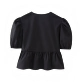 Black Bow Lace Up Short Puff Sleeve Camisole Blouse Top